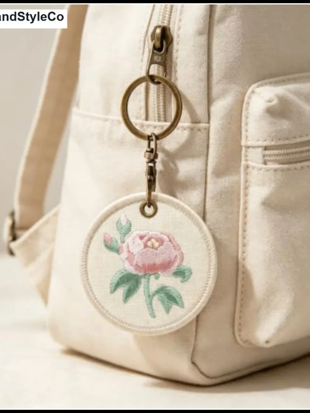 Round Linen Embroidered Floral Keychain Bag Charm